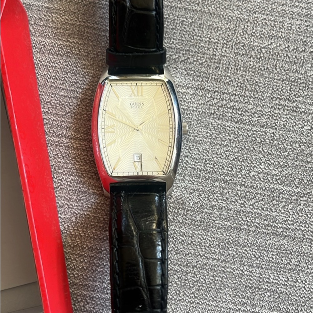 Guess Silver Dial Black Strap Watch